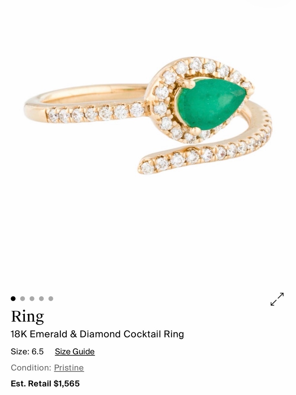 18K Emerald & Diamond Snake Ring, Size 6.5 - Picture 3 of 9